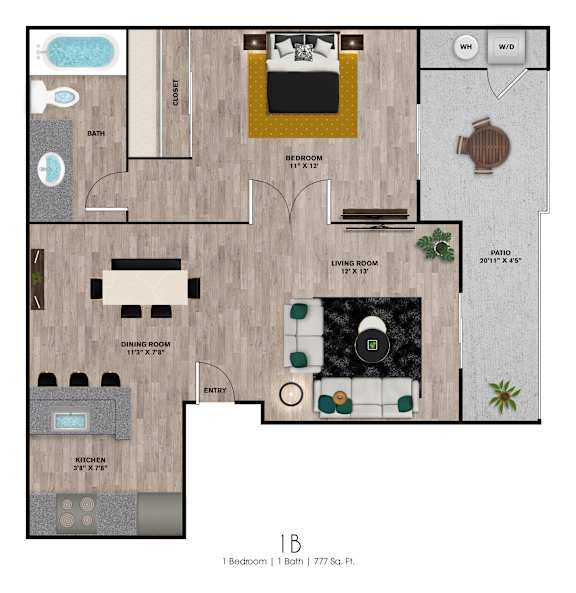 A floor plan of a one bedroom apartment with a living room, dining room, kitchen, bathroom, and closet.