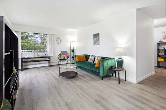 A living room with a green couch and a black coffee table.