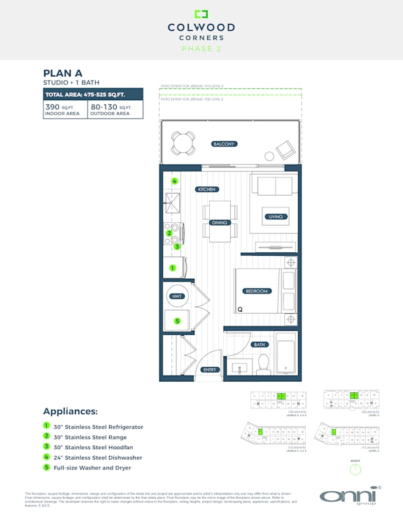 A floor plan for a studio apartment with appliances listed.