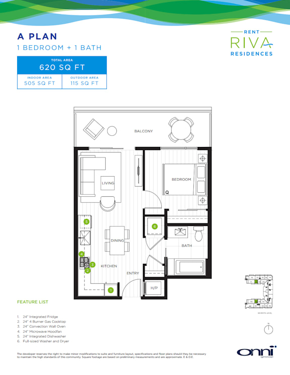 A floor plan for a 1 bedroom plus 1 bath apartment at Bent Riva Residences.