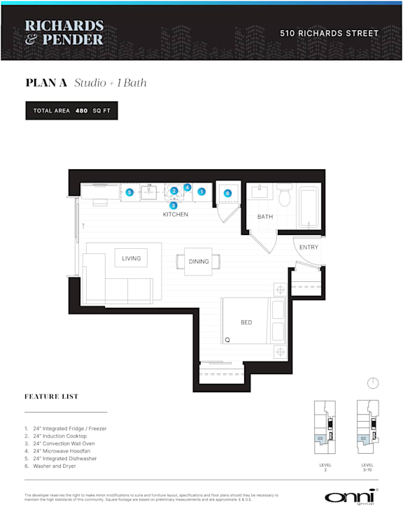 A floor plan for a studio apartment with a kitchen, bathroom, and living room.