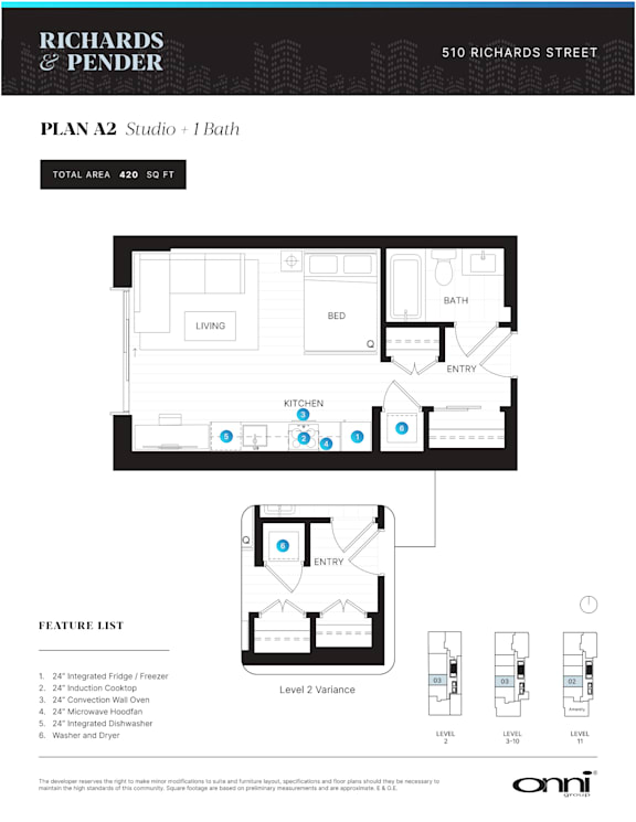 A floor plan for a studio apartment with a bath and a list of features.