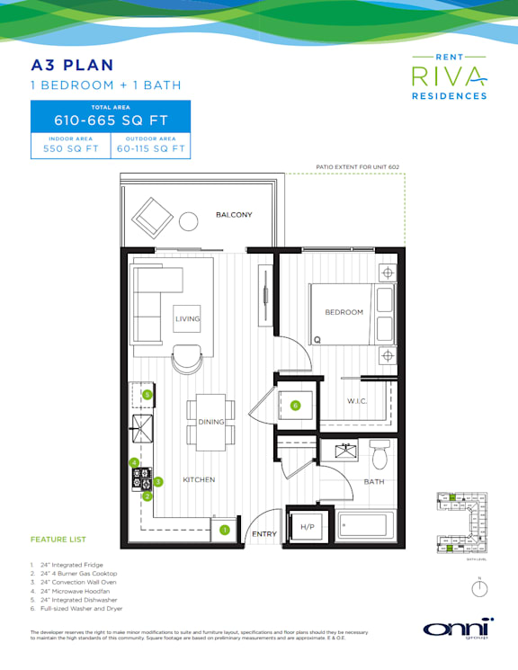 A3 Plan for a 1 Bedroom + 1 Bath rental unit by Riva Residences.