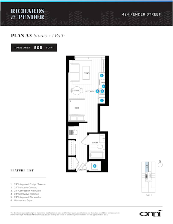 A floor plan for a studio apartment with a bath, listing its features.