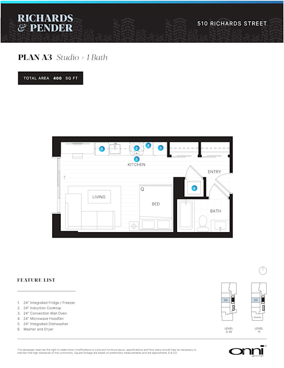 A floor plan for a studio apartment with a kitchen, living room, bed, and bath.