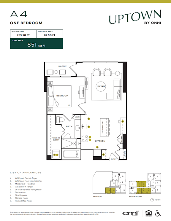 Floor Plan  A floor plan for an apartment by Uptown by Onni shows a one bedroom apartment is 851 square feet.