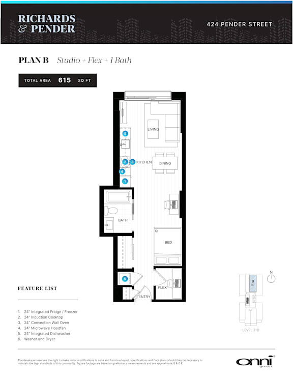 A floor plan for a studio apartment with a total area of 615 square feet, featuring a kitchen, living room, bathroom, and bedroom.