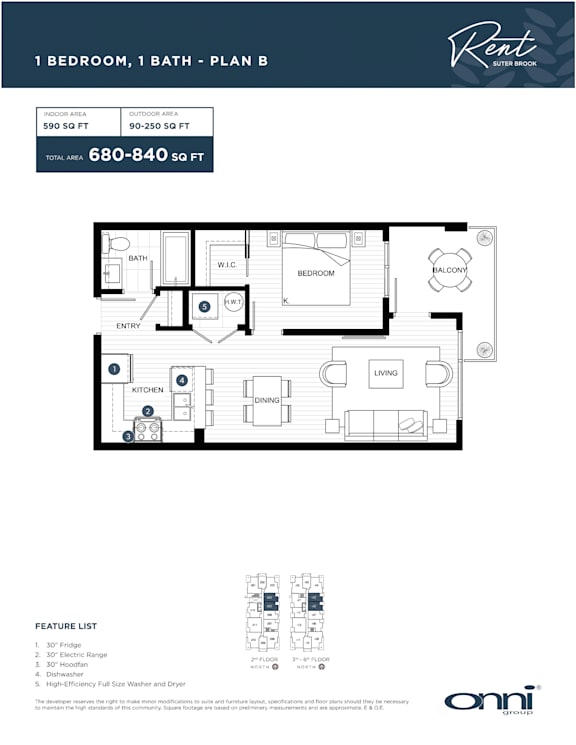 A floor plan for a 1 bedroom, 1 bath apartment with a feature list.