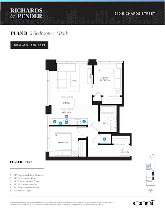 A floor plan for a 2 bedroom, 1 bath apartment with a total area of 705 sq ft.