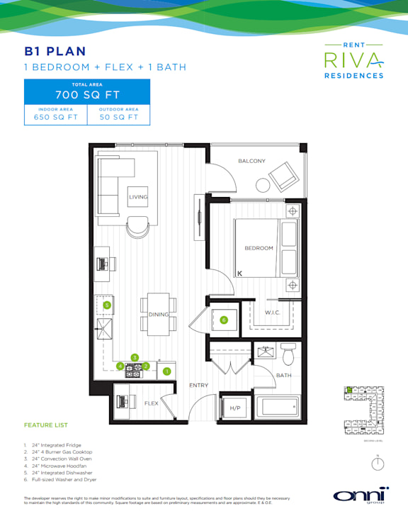 A floor plan for a 700 square foot apartment with one bedroom and one flex space.