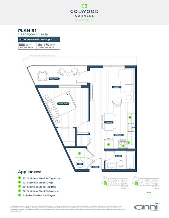 A floor plan for a one bedroom, one bath apartment with a total area of 645 square feet.