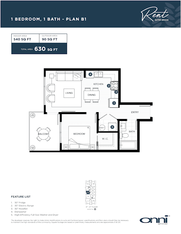 A floor plan for a 1 bedroom, 1 bath apartment with a total living area of 630 sq ft.