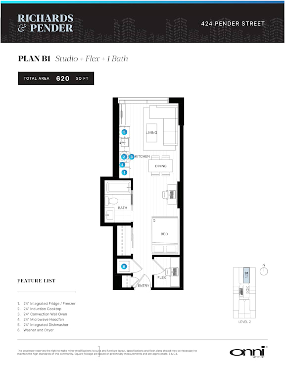 A floor plan for a studio apartment with a total area of 620 square feet.