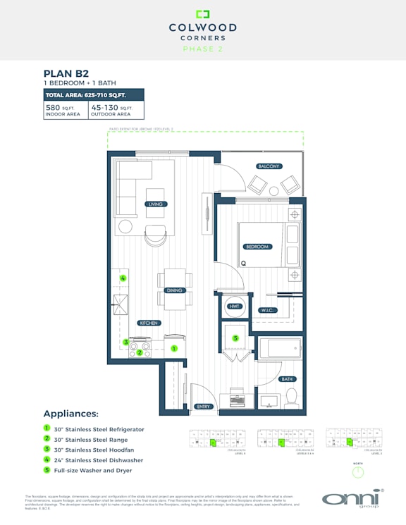 A floor plan for a 1 bedroom, 1 bath apartment with appliances listed.
