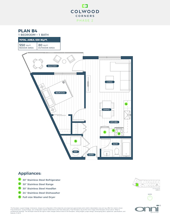 A floor plan for a one bedroom apartment with appliances listed.