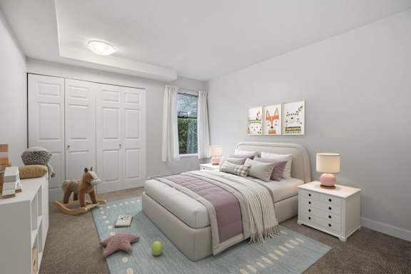 A bedroom with a bed, a rocking horse, a dresser, and a window.