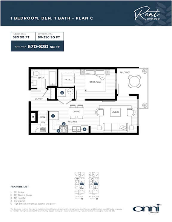A floor plan for a 1 bedroom, den, 1 bath apartment with a feature list.