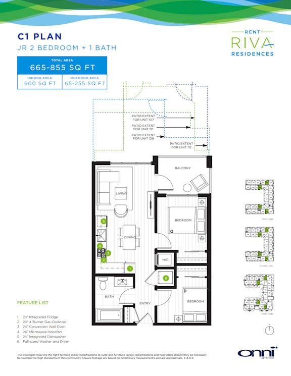 A floor plan for a 2 bedroom apartment with 1 bath, totaling 665-855 square feet or 600 square feet.