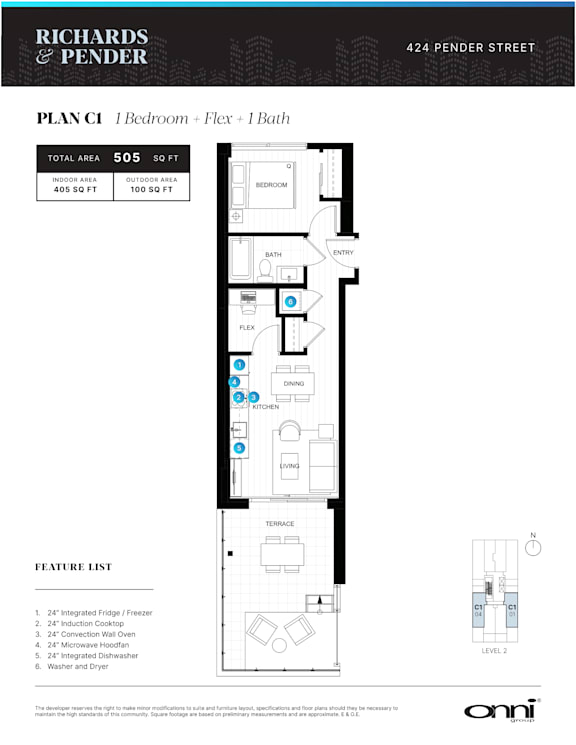 A floor plan for a one bedroom apartment with a flex bath is shown.