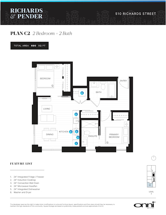 A floor plan for a 2 bedroom, 2 bath apartment with a total area of 690 sq ft.