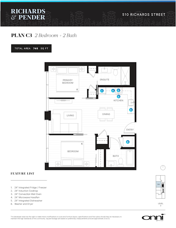 A floor plan for a 2 bedroom, 2 bath apartment with a total area of 748 sq ft.