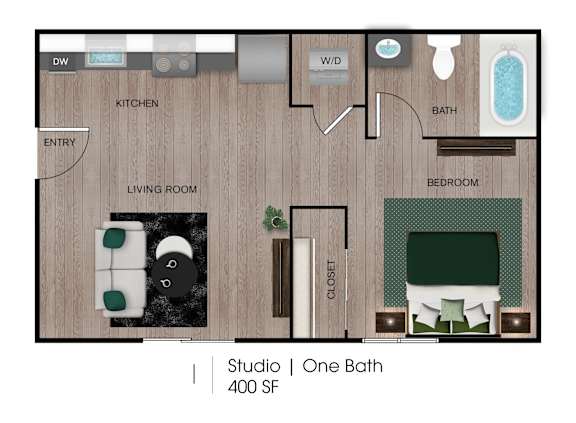 A floor plan of a studio apartment with one bath.