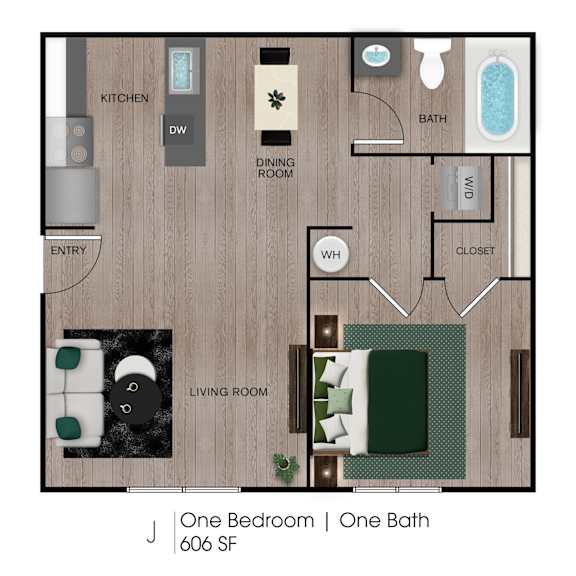A floor plan of a one bedroom apartment with one bath.