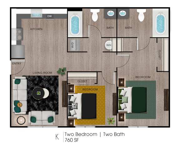 A floor plan of a 760 square foot home with two bedrooms and two baths.