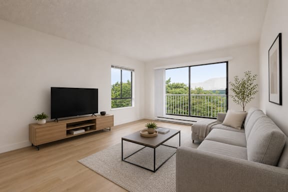 A living room with a grey couch, a wooden cabinet, a flat screen TV and a glass coffee table.