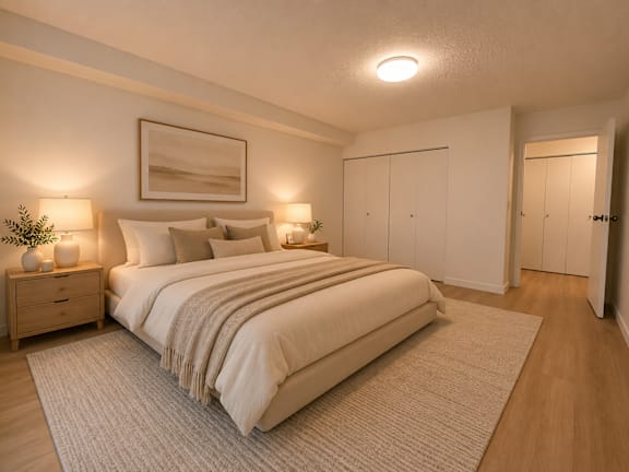 A bedroom with a large bed, two lamps, and a painting on the wall.