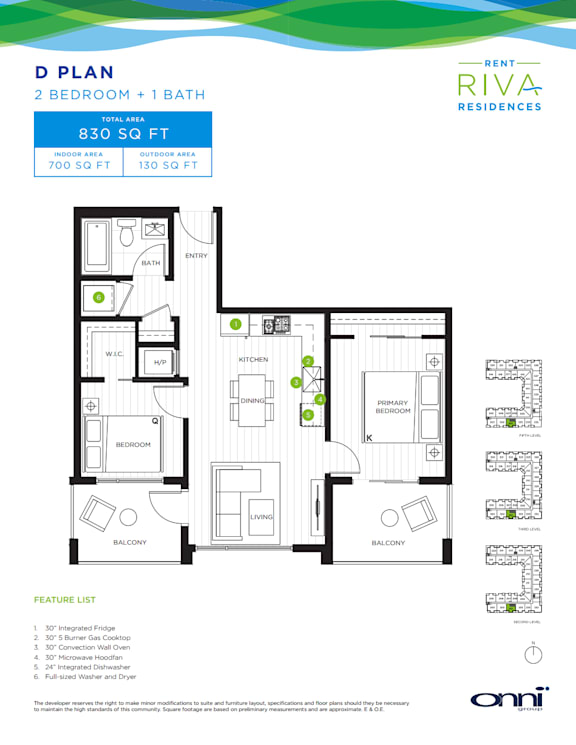 A floor plan for a 2 bedroom, 1 bath apartment at Rent Riva Residences.