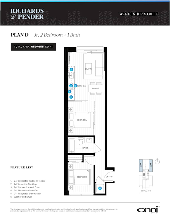 A floor plan for a 2 bedroom, 1 bath apartment at Richards & Pender.