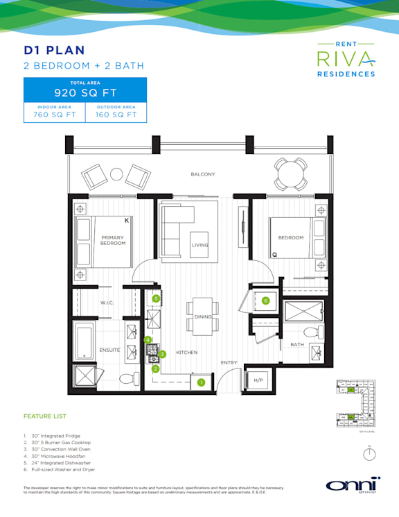 A floor plan for a 2 bedroom, 2 bath apartment at Rent Riva Residences.