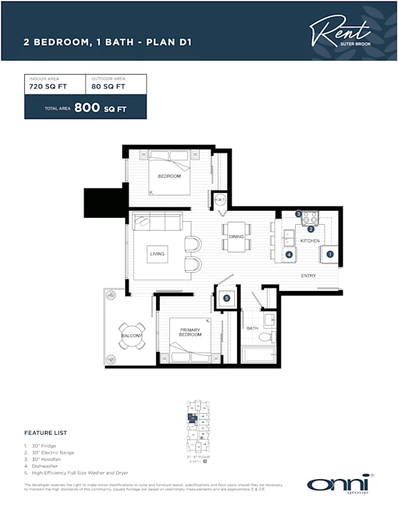 A floor plan for a 2 bedroom, 1 bath apartment with a feature list.