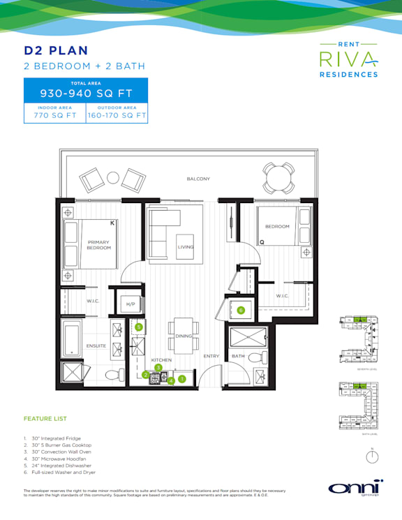 A floor plan for a two bedroom, two bath apartment at Rent Riva Residences.