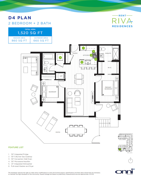 A floor plan for a 2 bedroom, 2 bath apartment with a total area of 1,520 sq ft.