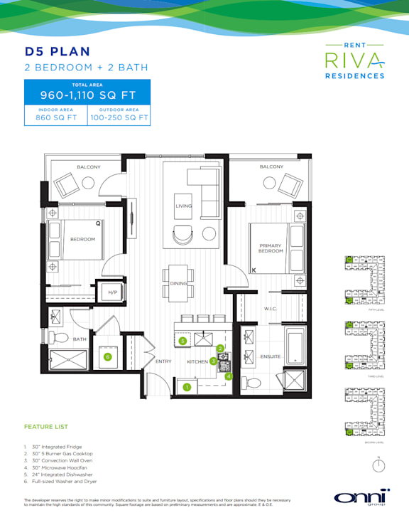 A floor plan for a 2 bedroom, 2 bath apartment with a total area of 960-1,110 square feet.