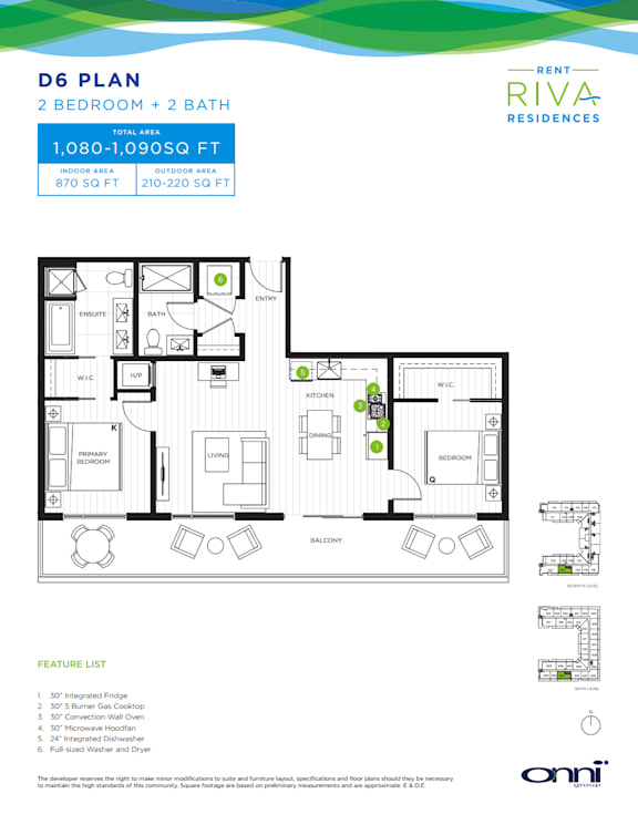 A floor plan for a 2 bedroom, 2 bath apartment at Bent Riva Residences.