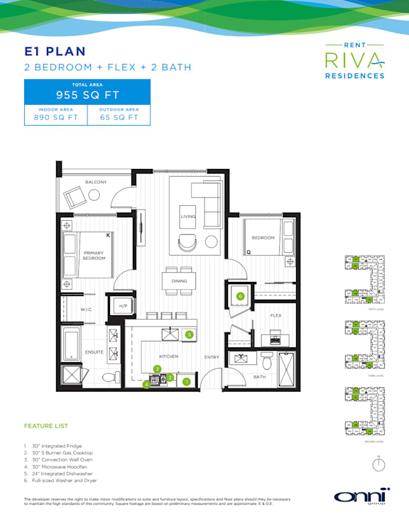 A floor plan for the E1 Plan, a 2 bedroom, flex, and 2 bath apartment at Bent Riva Residences.