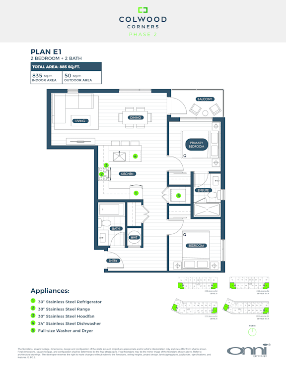A floor plan for a 2 bedroom, 2 bathroom apartment with a total area of 835 square meters.