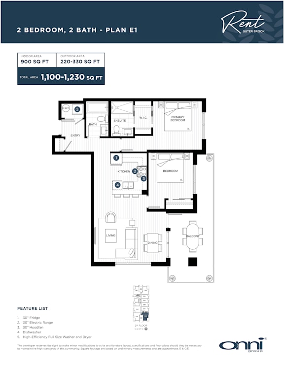 A floor plan for a 2 bedroom, 2 bathroom apartment with a feature list.