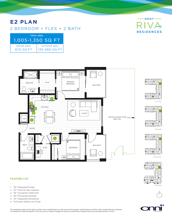 A floor plan for the E2 Plan, a 2 bedroom plus flex space and 2 bath unit, is displayed.
