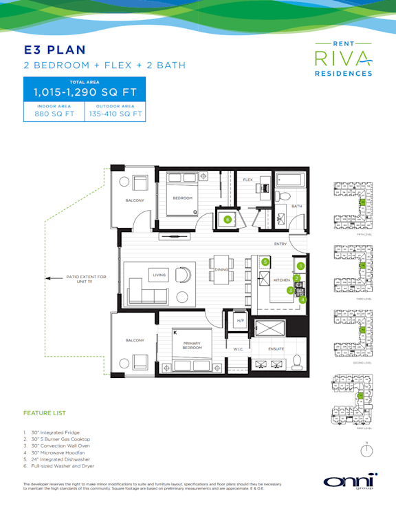 A floor plan for a 2 bedroom, 2 bath apartment sized 1,015-1,290 square feet.