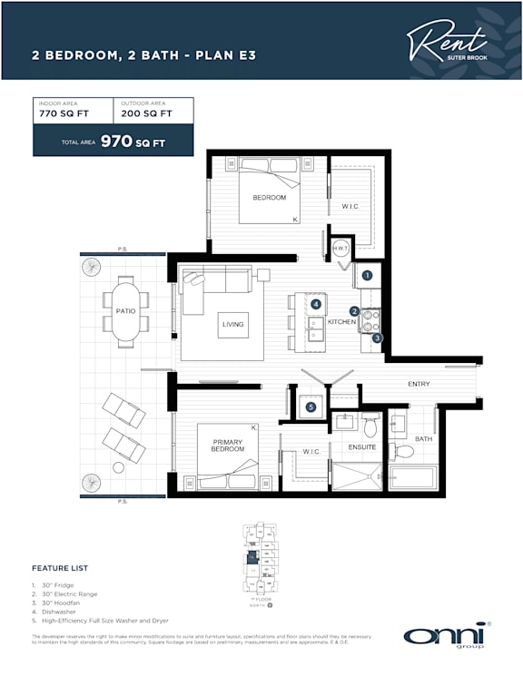 A floor plan for a 2 bedroom, 2 bathroom apartment with a total area of 970 sq ft.