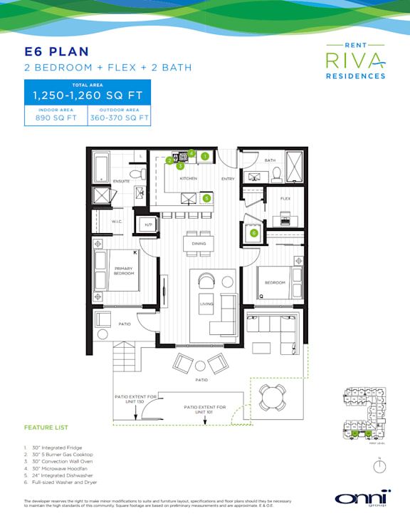 A floor plan for an E6 Plan 2 Bedroom + Flex + 2 Bath rental by RIVA Residences.