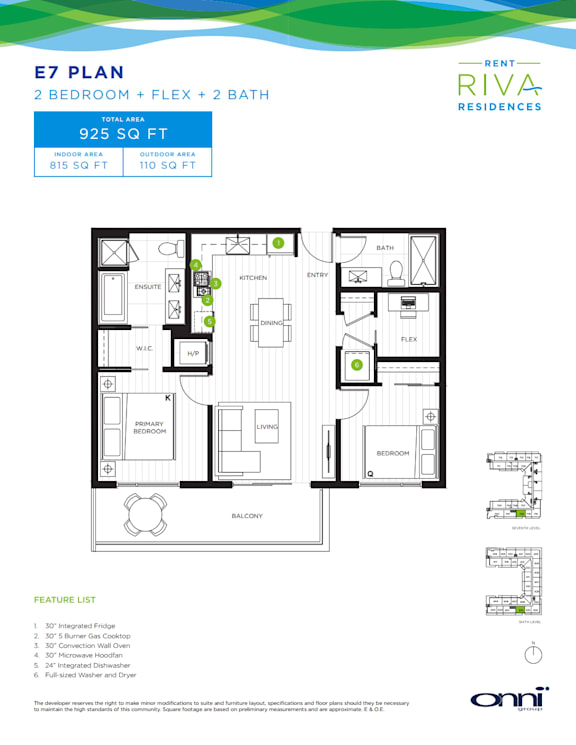 A floor plan for an E7 Plan 2 Bedroom + Flex + 2 Bath rental by Riva Residences.