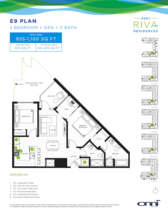 A floor plan for the E9 Plan, a 2 bedroom plus 2 bath residence, is displayed.