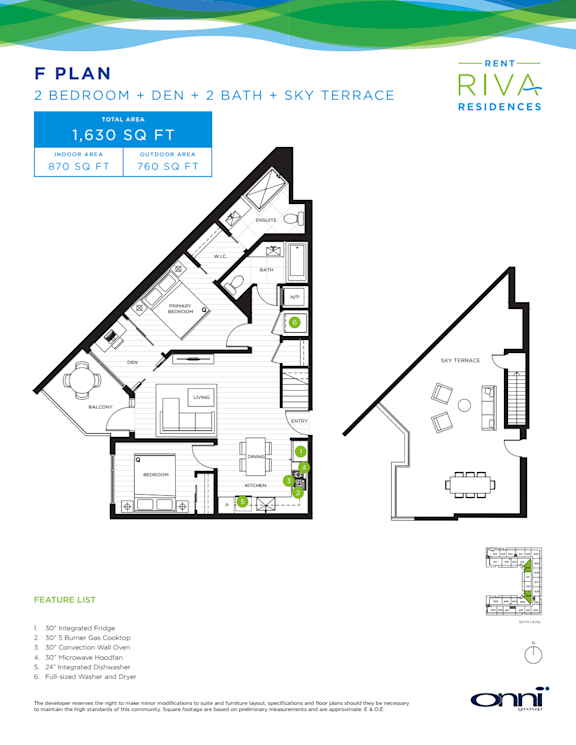 A floor plan for a 2 bedroom, 2 bathroom apartment with a sky terrace.