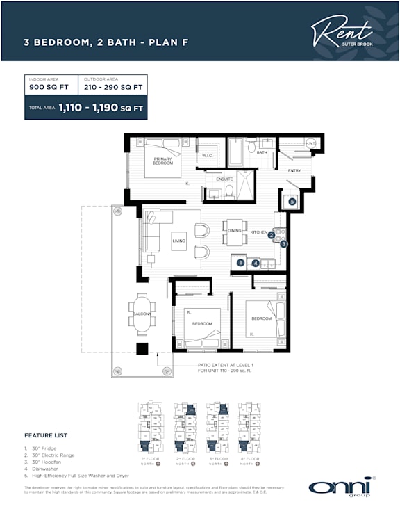 A floor plan for a 3 bedroom, 2 bathroom apartment with a feature list.