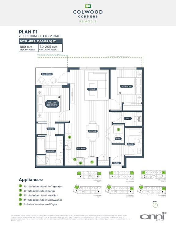 A floor plan for a 2 bedroom, 2 bath apartment with a total area of 996 square feet.
